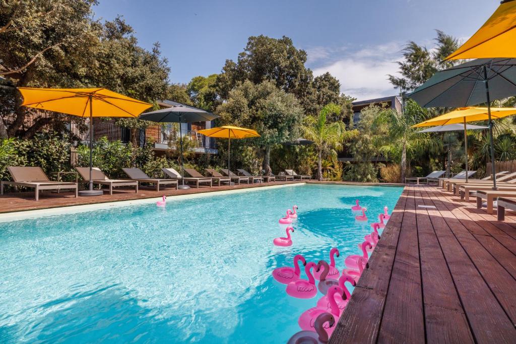 Piscine du Lodge des Îles d’Or, entourée de végétation et de parasols jaunes